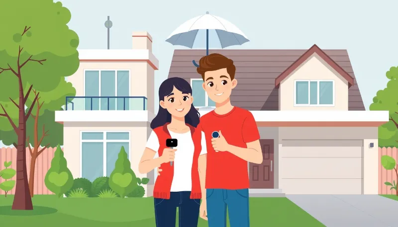 Pareja joven sonriendo con llaves frente a su nueva casa adquirida con el aval AvaLaRioja en La Rioja