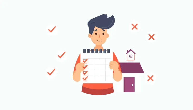 Ilustración de joven con checklist frente a una casa, representando los requisitos del aval AvaLaRioja en La Rioja