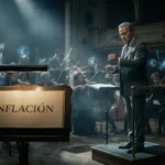 Director de orquesta metafórico controlando la inflación y la subida de tipos con símbolos del Euro y gráficos de volatilidad financiera.