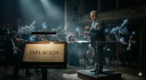 Director de orquesta metafórico controlando la inflación y la subida de tipos con símbolos del Euro y gráficos de volatilidad financiera.
