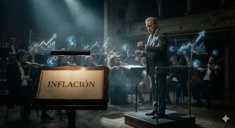 Director de orquesta metafórico controlando la inflación y la subida de tipos con símbolos del Euro y gráficos de volatilidad financiera.