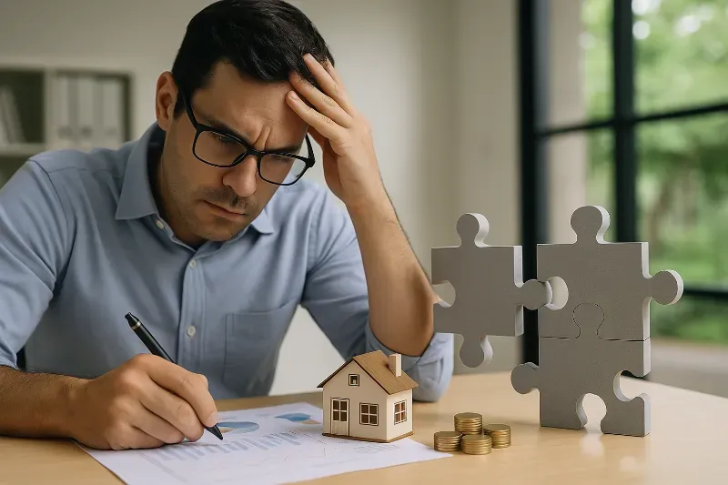 Hombre analizando documentación financiera con piezas de puzzle y maqueta de casa, buscando solución para hipoteca compleja en Jaén con Bimaik.