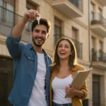 Pareja joven española con las llaves de su primera vivienda comprada con aval ICO en 2026 frente a un edificio residencial