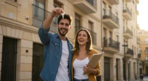 Pareja joven española con las llaves de su primera vivienda comprada con aval ICO en 2026 frente a un edificio residencial