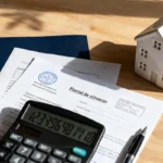 Escritorio con documentos de compraventa de vivienda, calculadora y modelo de casa representando los gastos de compra de vivienda en España en 2026