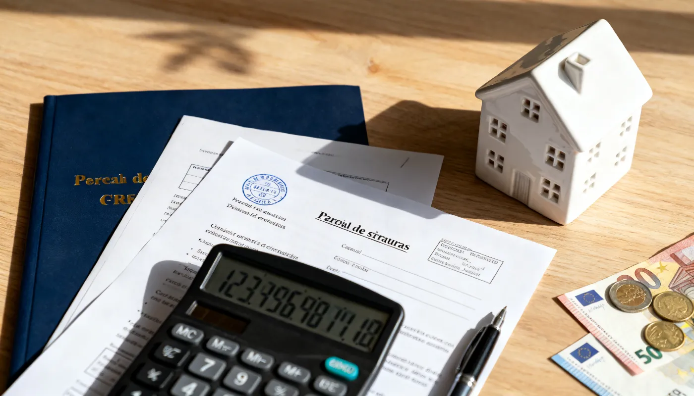 Escritorio con documentos de compraventa de vivienda, calculadora y modelo de casa representando los gastos de compra de vivienda en España en 2026