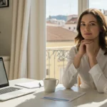 Mujer joven profesional comparando opciones de hipoteca mixta en 2026 con documentos y portátil en una cocina moderna con vistas mediterráneas