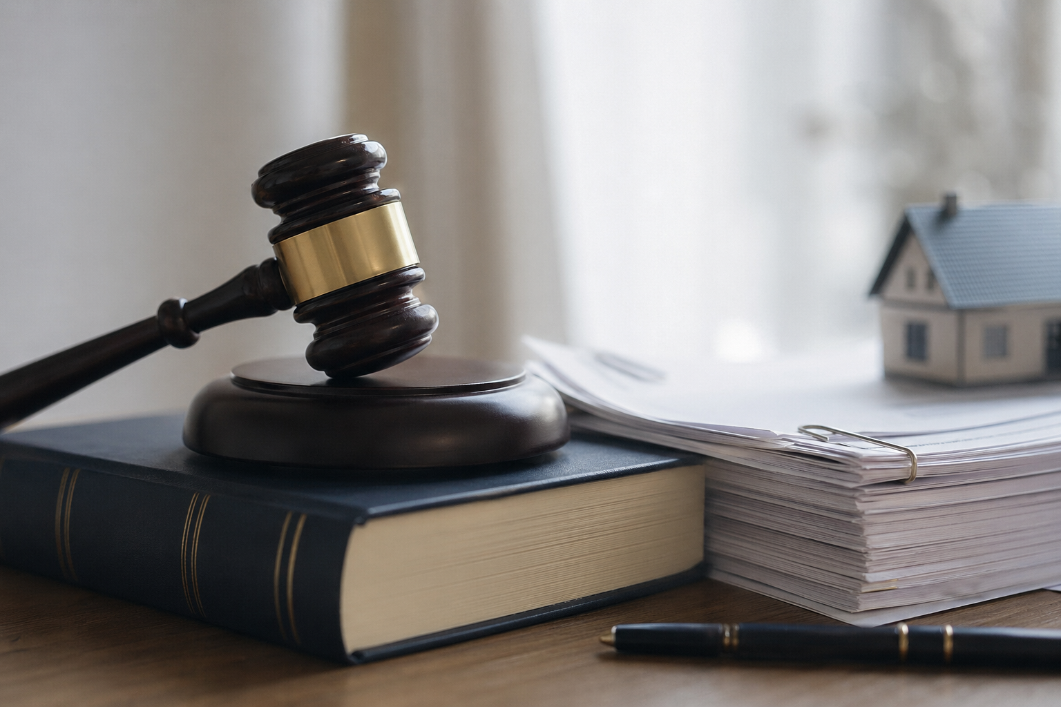 Mazo de juez sobre libro legal junto a documentación hipotecaria