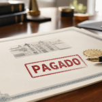 Documento con sello «PAGADO» en rojo y pluma estilográfica sobre mesa de despacho