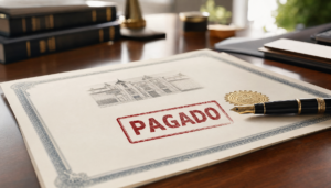 Documento con sello «PAGADO» en rojo y pluma estilográfica sobre mesa de despacho