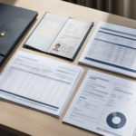 Documentos hipotecarios ordenados sobre una mesa de despacho: identificación, nóminas y declaraciones