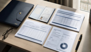 Documentos hipotecarios ordenados sobre una mesa de despacho: identificación, nóminas y declaraciones