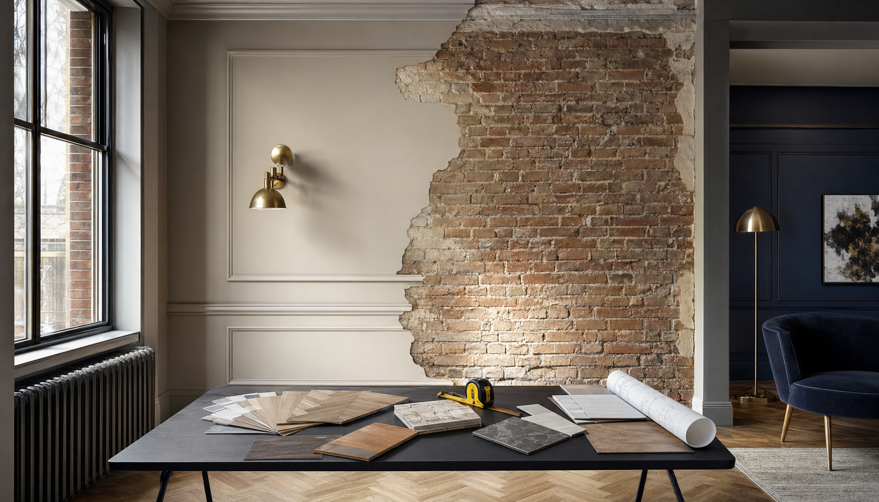 Salón residencial a medio reformar con muestrarios de materiales sobre mesa y ladrillo visto a la vista