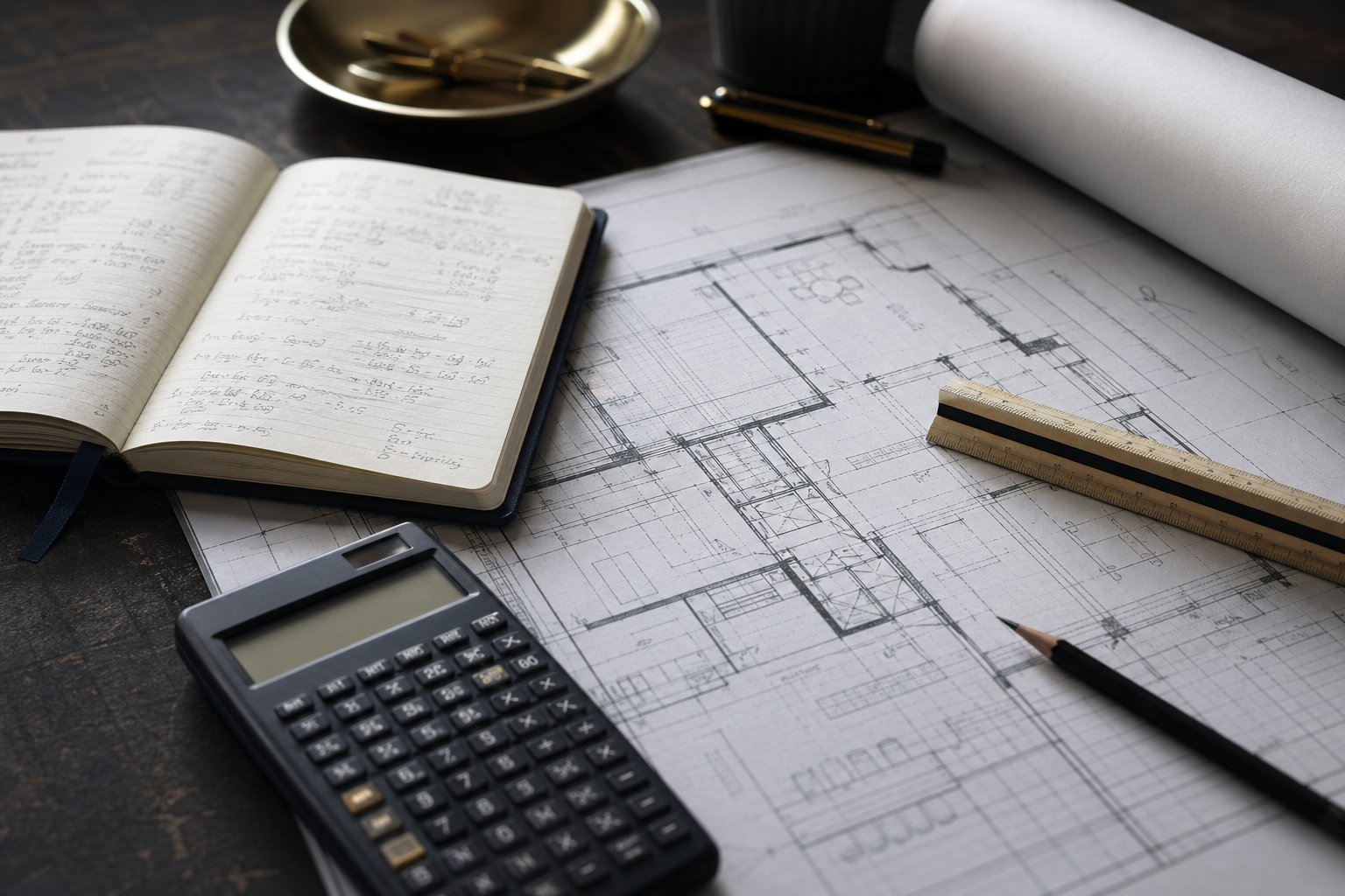 Plano arquitectónico, calculadora financiera, cuaderno con notas de coste y regla escalada