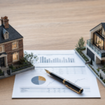 Maqueta de casa antigua de ladrillo y vivienda moderna conectadas visualmente por un documento financiero