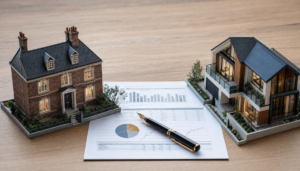 Maqueta de casa antigua de ladrillo y vivienda moderna conectadas visualmente por un documento financiero