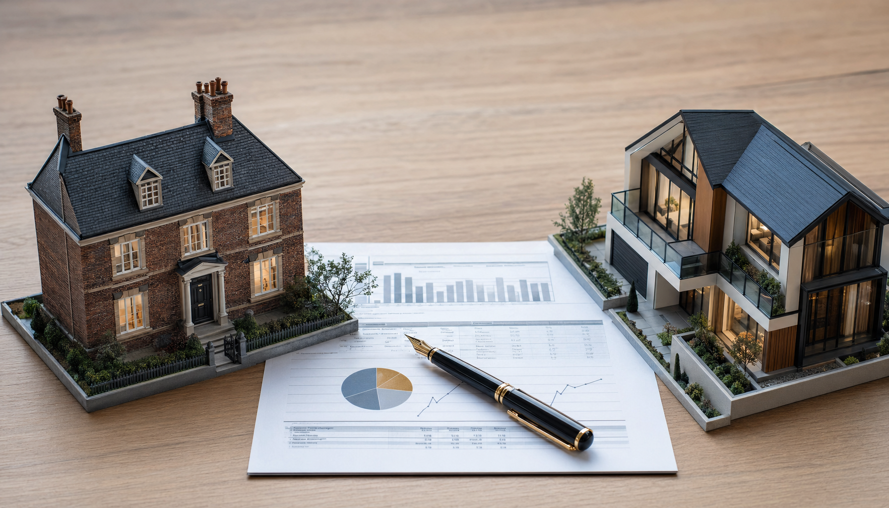 Maqueta de casa antigua de ladrillo y vivienda moderna conectadas visualmente por un documento financiero