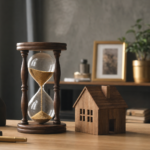 Reloj de arena junto a una maqueta de casa de madera sobre escritorio iluminado con luz cálida