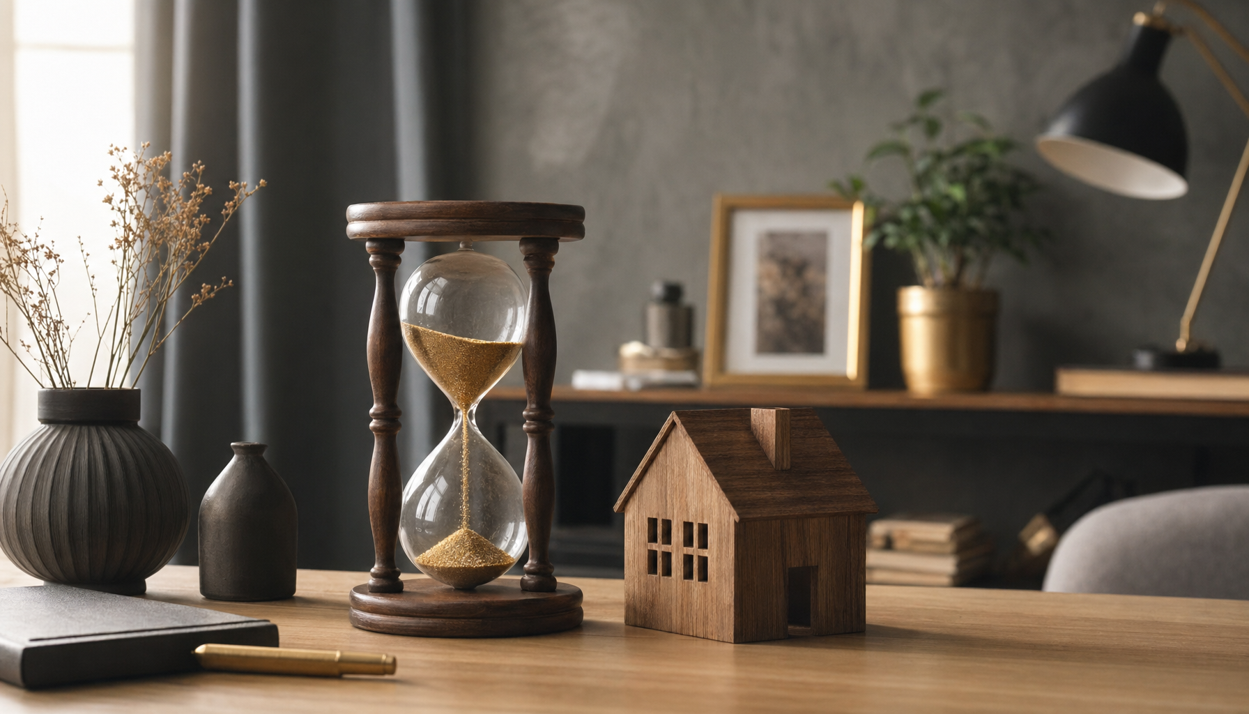 Reloj de arena junto a una maqueta de casa de madera sobre escritorio iluminado con luz cálida