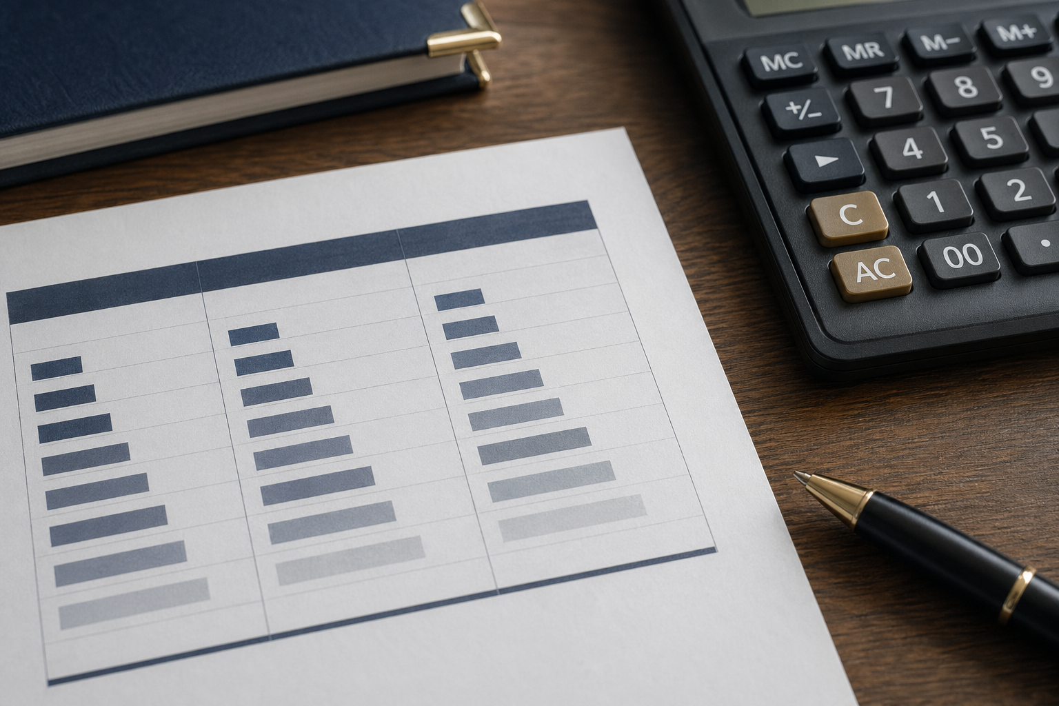 Tabla impresa con tres columnas comparativas y calculadora financiera al lado