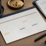 Calendario sobre escritorio con fechas marcadas, pluma estilográfica, contrato y llave dorada