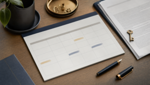 Calendario sobre escritorio con fechas marcadas, pluma estilográfica, contrato y llave dorada