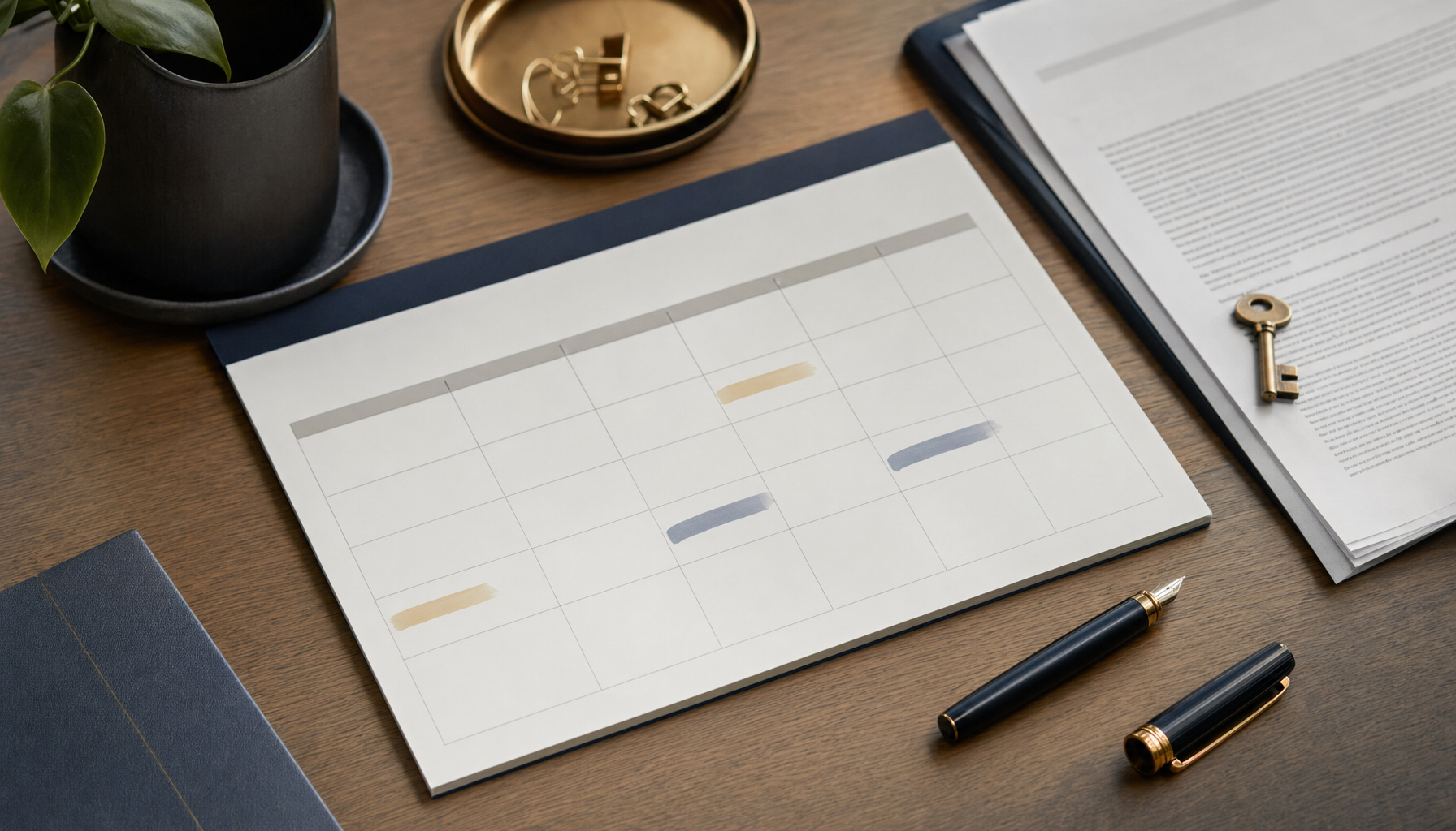 Calendario sobre escritorio con fechas marcadas, pluma estilográfica, contrato y llave dorada