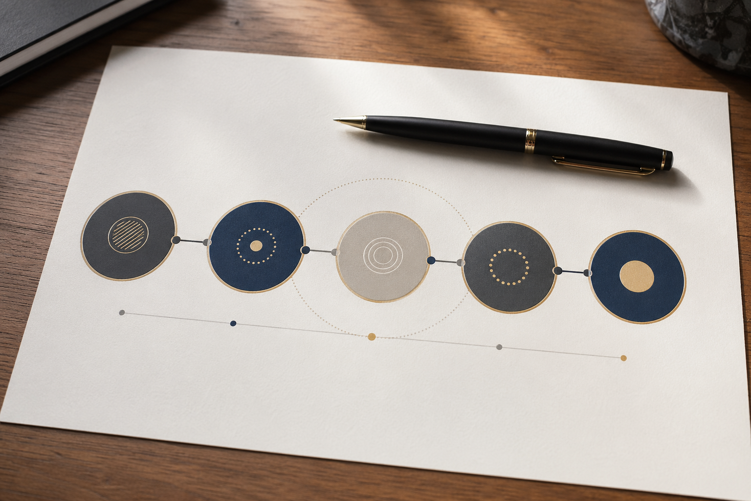 Esquema visual de cinco fases conectadas en círculo sobre papel con pluma estilográfica
