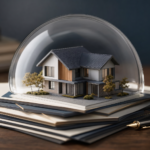 Maqueta de vivienda bajo cúpula transparente sobre pila de pólizas con pluma estilográfica