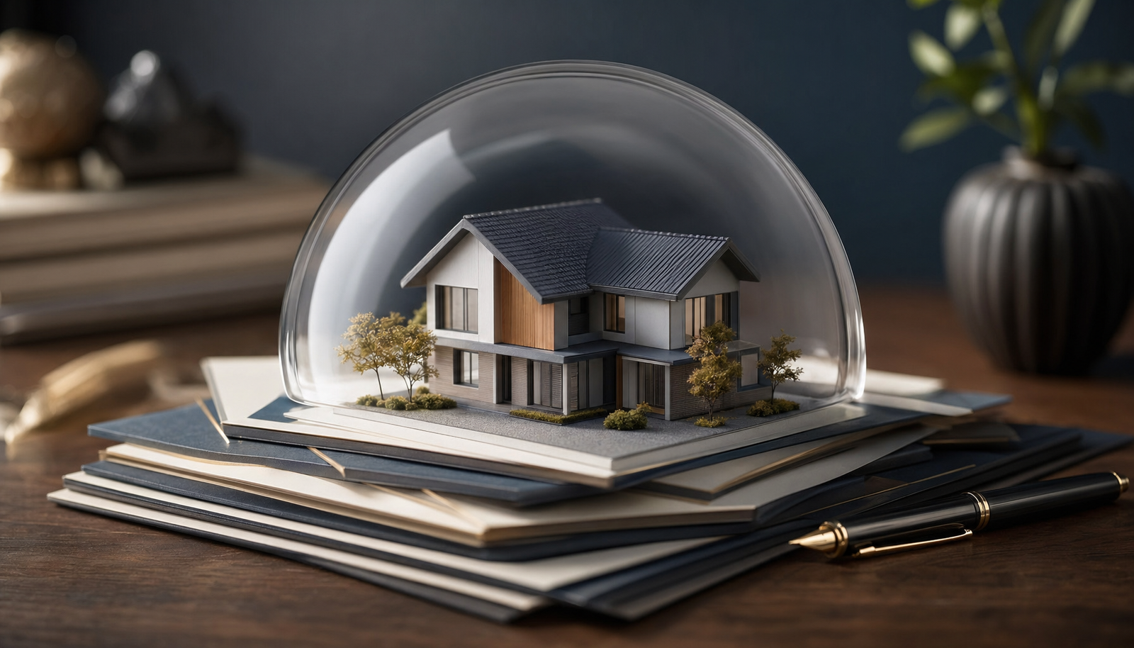 Maqueta de vivienda bajo cúpula transparente sobre pila de pólizas con pluma estilográfica