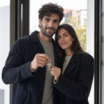 Pareja joven sin alianzas sosteniendo unas llaves de casa en el umbral de la puerta de su nueva vivienda