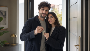 Pareja joven sin alianzas sosteniendo unas llaves de casa en el umbral de la puerta de su nueva vivienda