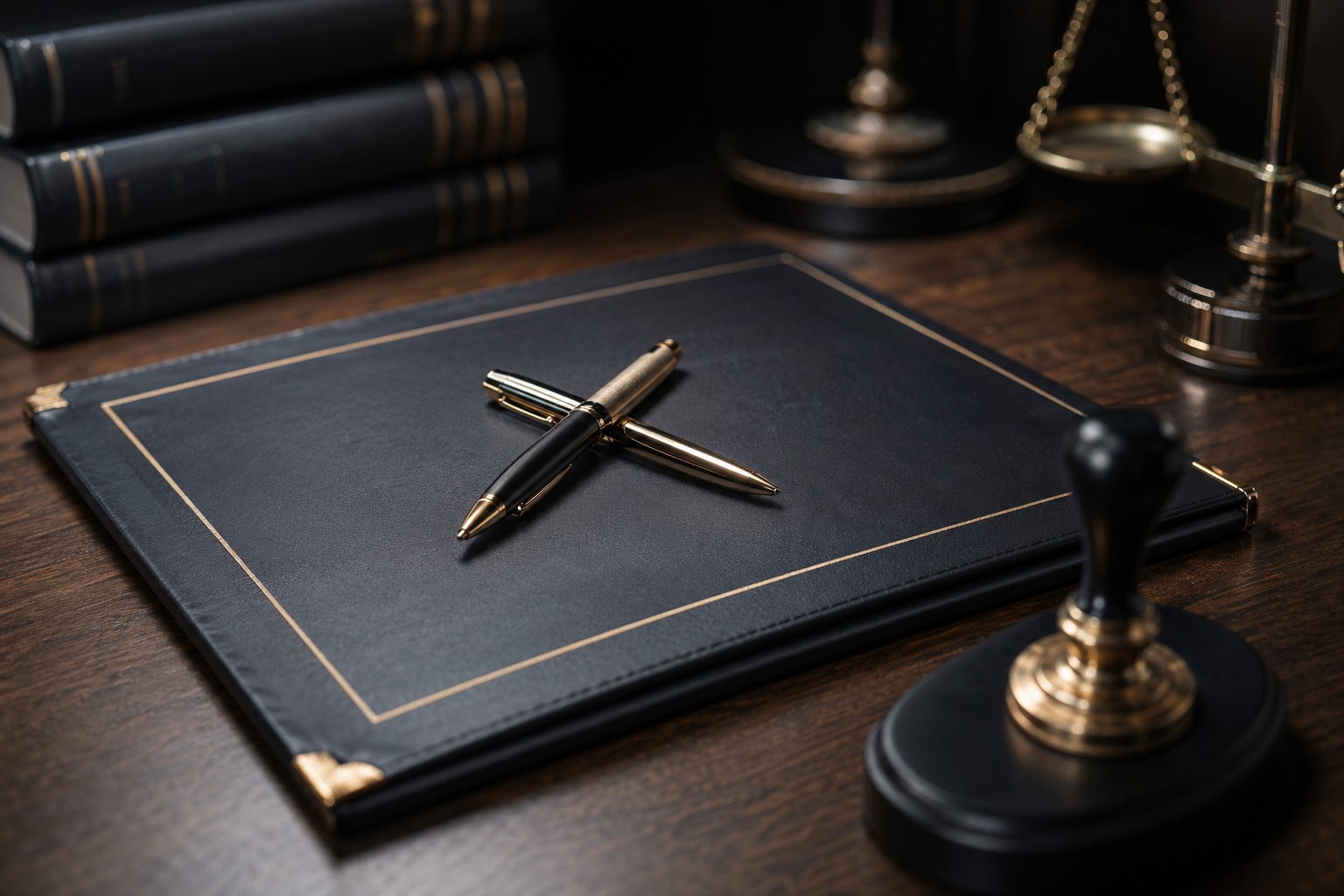 Documento legal con dos plumas cruzadas, balanza y sello notarial