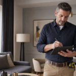Tasador profesional con tablet anotando datos durante la visita a una vivienda residencial