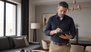Tasador profesional con tablet anotando datos durante la visita a una vivienda residencial