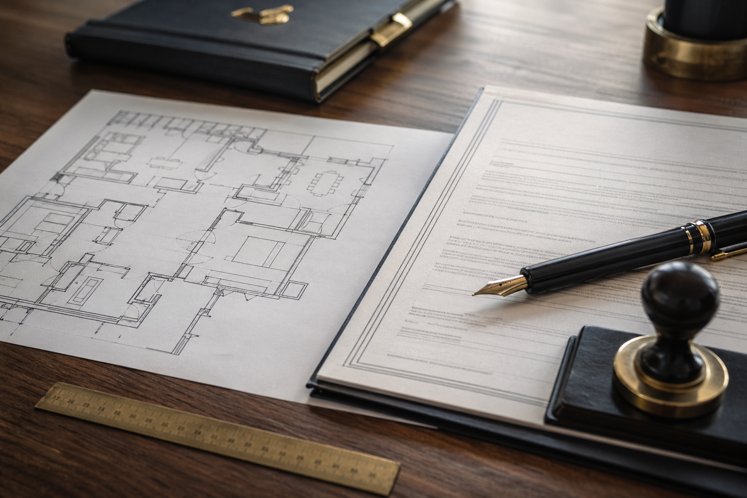 Plano arquitectónico junto a informe oficial de tasación, pluma y sello sobre escritorio