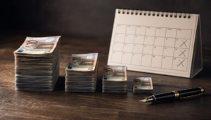 Pilas decrecientes de billetes de cien euros junto a un calendario y una pluma estilográfica sobre madera