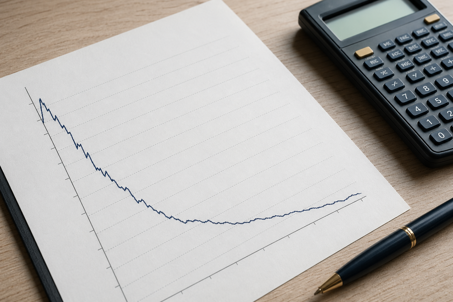 Gráfico financiero con curva fuertemente descendente junto a calculadora financiera