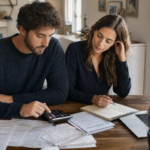 Pareja joven calculando su capacidad de hipoteca con calculadora, nóminas y portátil sobre la mesa del comedor