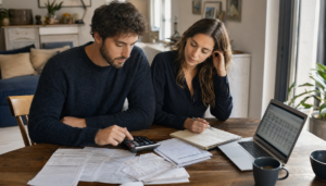 Pareja joven calculando su capacidad de hipoteca con calculadora, nóminas y portátil sobre la mesa del comedor