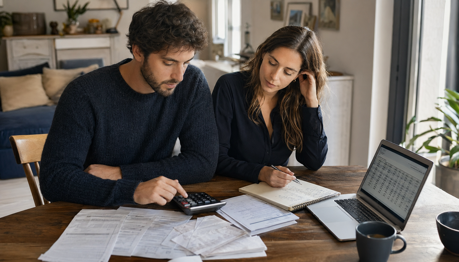 Pareja joven calculando su capacidad de hipoteca con calculadora, nóminas y portátil sobre la mesa del comedor