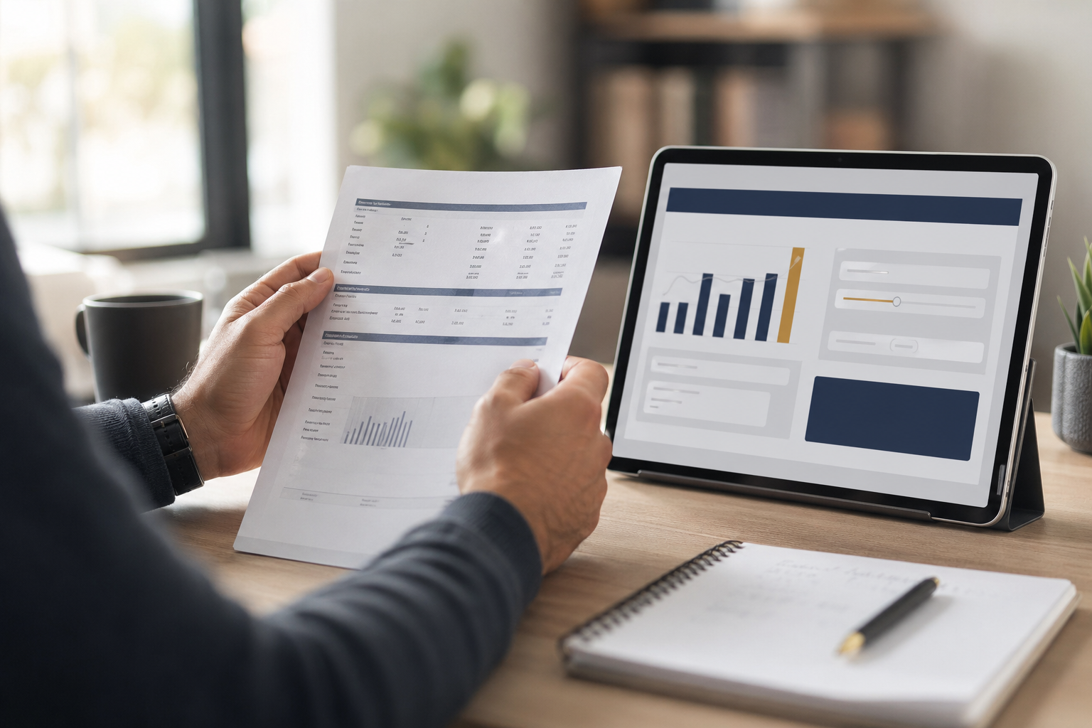 Manos sosteniendo informe de simulación hipotecaria junto a tablet con calculadora online y bolígrafo sobre cuaderno